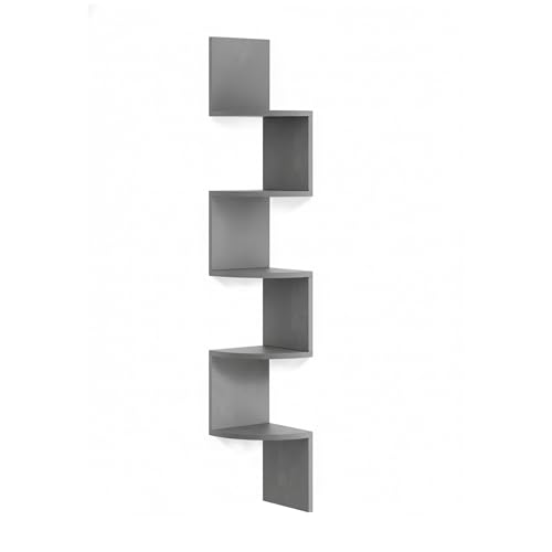 Relaxdays Corner Wall Shelf with 5 Tiers, Zigzag Design, Hanging, MDF, 125x20x20 cm, Grey