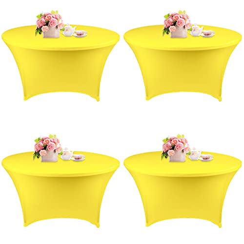 4 Pack 6FT Round Spandex Tablecloth 72 Inch Yellow Stretchable Table Cover Washable and Wrinkle Resistant Table Cloth, Fitted Round Table for Wedding, Banquet, Birthday, Party, Restaurant (Yellow)