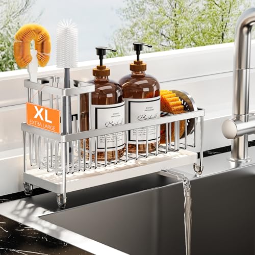 Cisily Extra Large Stainless Steel Kitchen Sink Caddy Organzier with High Brush Holder, Sponge Holder for Sink, Kitchen Countertop Soap Dispenser Organizer for Decor and Accessories