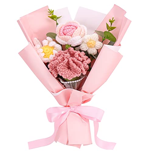 Omldggr Pink Crochet Flowers Bouquet, Handmade Knitted Bouquet with Carnation, Rose, Daisy, Puff Flower & Eucalyptus for Home Decor, Gifts & Special Occasions