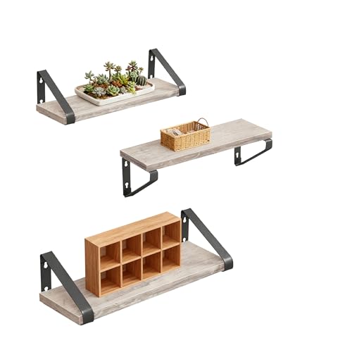 Relaxdays Wall Shelves Set of 3, Wooden & Metal, for Books & Decor, 30/35/40 cm, Greige