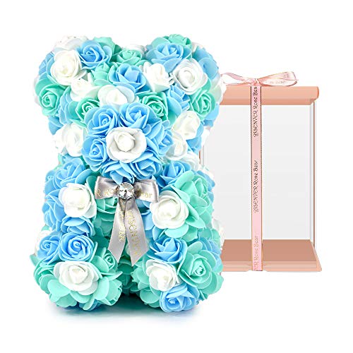 "ASENVER Hand Made Artificial Flowers Rose Bear Pure Color for Valentine Birthday and Mother's Day with a 10"" Pink Gift Box (Grey Bow-Tricolor Flower)"
