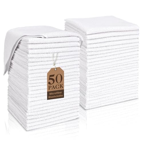 TEAWOO White Washcloths Bulk 50 Pack, Highly Absorbent & Quick Drying Face Towels, Soft Bath Towels, Multi-Purpose Microfiber Wash Cloths for Bathroom, Hotel, Spa, Gym and Kitchen, 12x12 inches