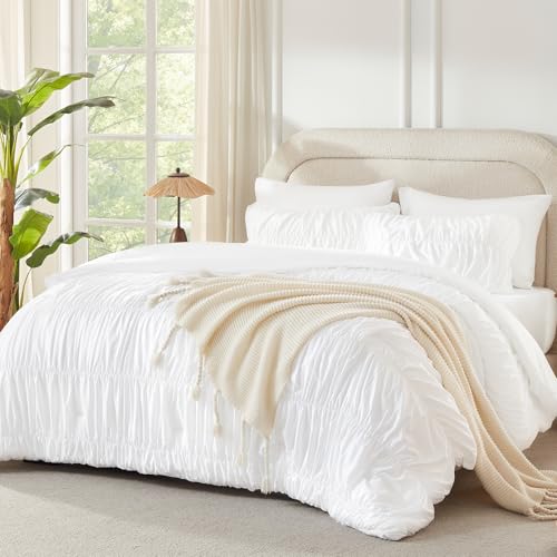 Andency Ruched White Full Size Comforter Sets, Shabby Chic Pleatd Bedding Sets 3 Pieces, Lightweight Soft Boho Ruffle Bed Set for Girls, Kids, Women, All Season