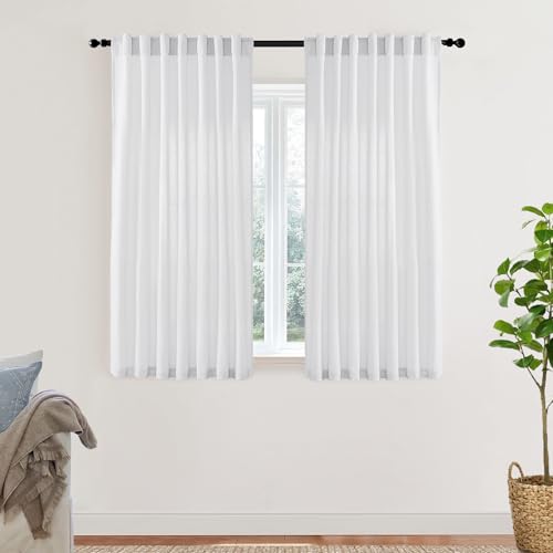 XTMYI Short Length Curtains for Windows,Linen Sheer Cutains for Bedroom Kitchen,45 Inch Long,White