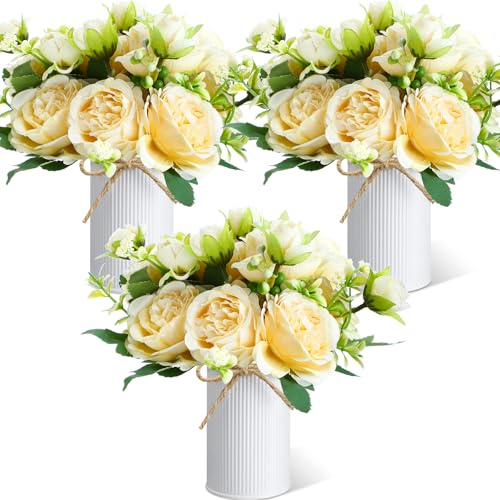 Solsew 3 Sets Artificial Peonies Flower Peony Bouquet with Galvanized Metal Pot Silk Fake Peonies Faux Flower Arrangements for Wedding Table Centerpiece Party Home Room (Champagne)