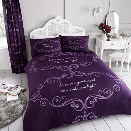 Gaveno Cavailia Luxurious GOOD NIGHT Bed Set with Duvet Cover and Pillow Cases, Polyester-Cotton, Purple, Super-King