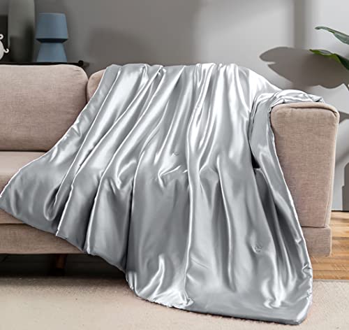 Vonty Satin Throw - Silver Grey Satin Blanket, 60x80 Inches, Cooling & Silky, Wrinkle-Free Cable Knit for Couch, Sofa, Bed, Outdoor