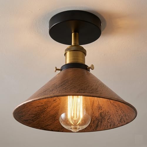 LEDSone Industrial Semi Flush Ceiling Light E27 Metal 22cm Brushed Copper Conical Shade Ceiling Lamp for Hallway Bedroom Living Room Kitchen with Bulb