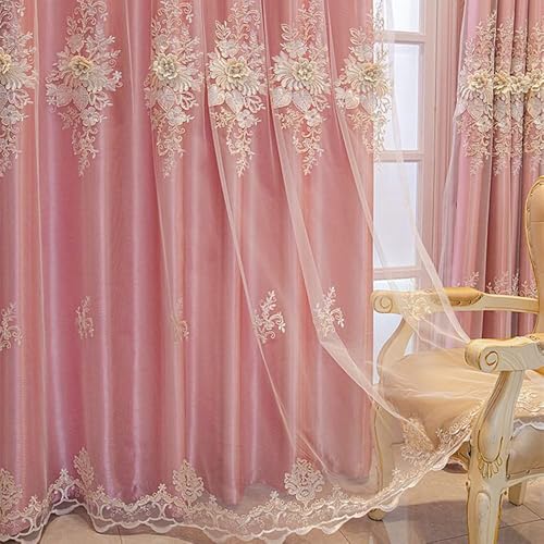 Amidoudou 1 Pair Luxury European Curtains with Valance for Living Room Bedroom Double Layer Embroidered Curtains (Pink,52x102 Inch)