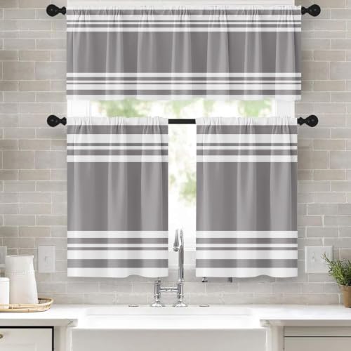 Tayney Light Grey Kitchen Window Curtains Valance and Tier Set 36 Inch, Gray Striped Abstract Rod Pocket Short Tier Curtain for Bathroom, Modern Small Cafe Drapes for Kitchen Decor