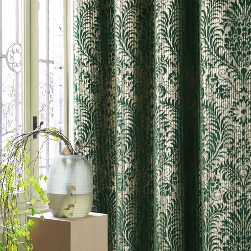 always4u 100% Blackout Damask Foil Print Green and Gold Ridged Velvet Curtains 95 Inches Long Drapes 2 Panels Shiny Metallic Window 54 * 95 Inches