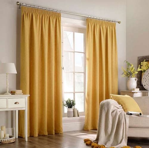 furn. Harrison Herringbone Weave Pencil Pleat Curtain Pair - Ochre - 168x137cm