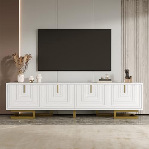 Ball & Cast TV Cabinet with Storage, White TV Stand with 4 Textured Doors, Golden Handles and Golden Legs, 160x38x44.5cm