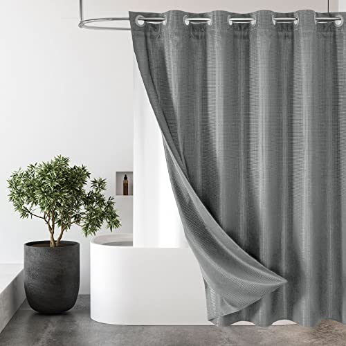 MitoVilla No Hooks Needed Extra Long Shower Curtain Liner Set, 86 inch XL Black Heavyweight Fabric Cloth Shower Curtains Set with Snap-in Liner for Modern Luxury Hotel & Spa Bathroom Decor