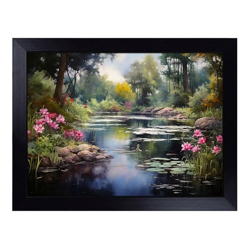 Lap Tray with Bean Bag Cushion, Pond Landscape - Handmade in the UK, Raised Wooden Edge, Padded Cushion, Heat-Resistant Wipe-Clean Surface, for Meals, Laptops and Crafts