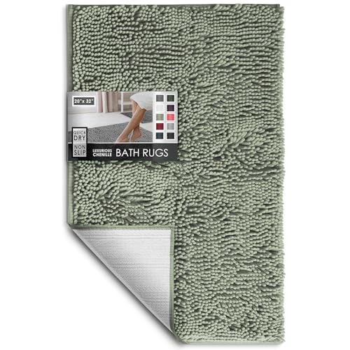 Hearth & Harbor Bathroom Rugs, Chenille Bath Mat - Machine Washable Bath Mats for Bathroom Non-Slip Backing Rubber, Quick Dry Bathroom Mat, Medium Sage