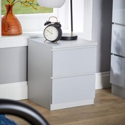 Home Source Bedside Nightstand, High Gloss Finish Bedroom Cabinet, Side Chest Lamp Table, 2 Drawer, Grey
