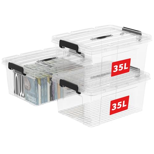 Cetomo 35L*3 Storage Boxes, Carry Plastic Storage Box with Lids, Clear Organizing Container with Handle and Secure Latches, Nestable & Stackable Tote Box for Home Office, 35L-3 Pack, Transparent