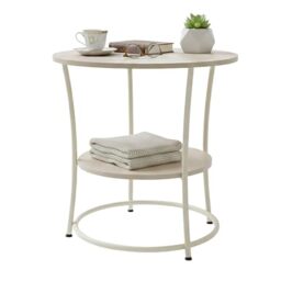 Relaxdays side table, 2 tiers, HxD: 55 x 55 cm, wood-effect & metal, round side/bedside table, natural/cream