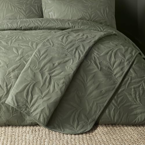 Serene - Khaki Green Leaf Embossed Bedspread (230cm X 200cm) - Soft Touch - Microfibre - Leaf/Leaves Embroidery Quilted Bedspreads - Green Floral Blanket/Bed Cover for Bed - Luana Collection
