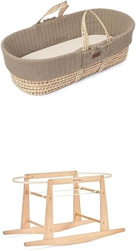 The Little Green Sheep Bundle - Knitted Moses Basket & Mattress, Truffle Colour + Rocking Moses Basket Stand, Natural Colour