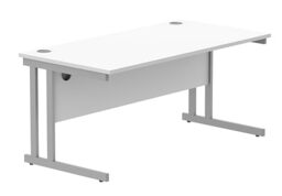 Office Hippo Essentials Rechteckiger Schreibtisch für Computer, Heimbüro, Schreibtisch mit Kabelanschluss, arktisweiß, silberner Rahmen, B 160 x T 80 x H 73 cm