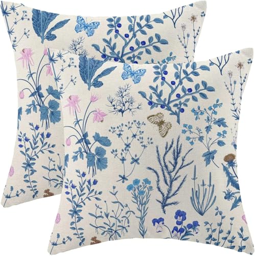 AEIOAE Summer Pillow Covers 22x22 Inch Set of 2,Blue Wild Flower Plant Throw Pillows Case,Seasonal Floral Outdoor Decorative Square Linen Farmhouse Decor Cushion Covers for Home Sofa Bed Couch