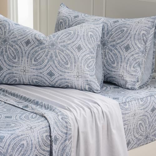 "Zusbest 100% Cotton Percale Sheets Set Navy Blue 4 Piece Bed Sheets Set Extra Soft Brushed Breathable Flannel Look Modern Classic Printed Sheets 17.5"" Deep Pocket"