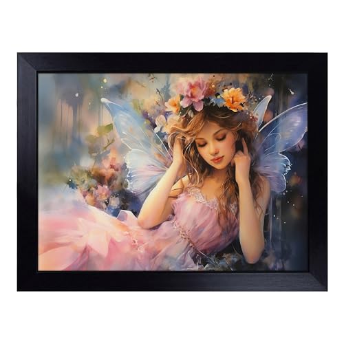 Lap Tray with Bean Bag Cushion, Fairy Watercolour - Handmade in the UK, Raised Wooden Edge, Padded Cushion, Heat-Resistant Wipe-Clean Surface, for Meals, Laptops and Crafts