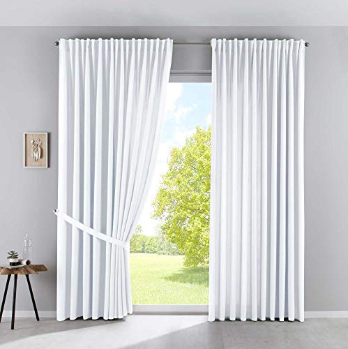 Gardinenbox Palermo Set of 2 Opaque Curtains, Extra Wide, Matte, Translucent, Concealed Loops, Tiebacks, 100002651-2, 100% Polyester, White, H x W 250 x 300 cm