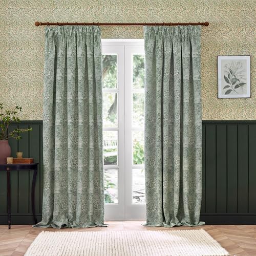 Morris&Co. Marigold Pencil Pleat Curtain Pair – Jacquard Lined Floral Heritage Drapes (Leaf Green - 168x137cm)