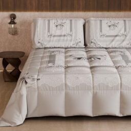 PETTI Artigiani Italiani - Winter Quilt for a Double Bed and a Half Quarter, Solid Colour and Digital Print Grey Bow, Made in Italy