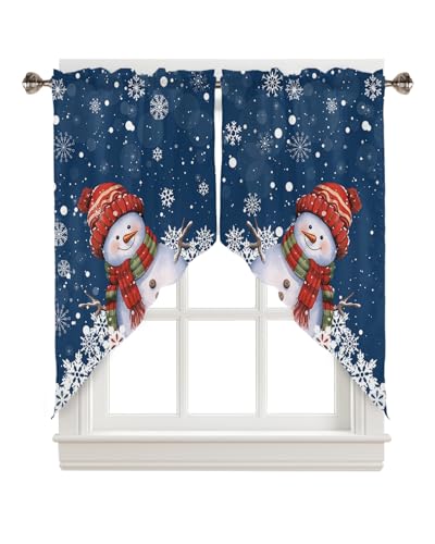 "Blue Christmas Cute Snowman Kitchen Curtains Window Curtains and Valance Set,Farmhouse Swag Curtains,Snowflake Rod Pocket Valance for Kitchen Bathroom Bedroom Window 56"" x 36"" Valance,27"" x 24"" Tier"