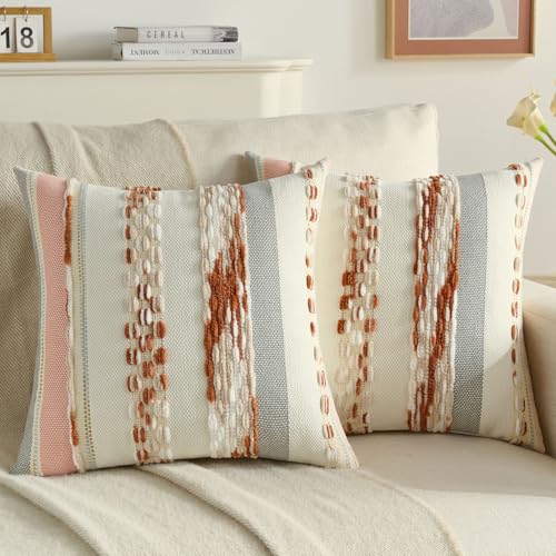 FUTEI Rust Beige White Boho Throw Pillow Covers 20x20 Inch Set of 2, Modern Tufted Striped Textured Accent Cushion Case,Farmhouse Pillows for Couch Bed