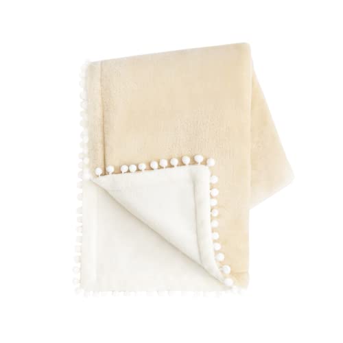 MONDAY MOOSE Cozy Fleece Throw Blanket with Pom Pom Fringe, Super Soft Lightweight Microfiber Flannel Blanket, Double-Sided Designs, for Couch Bed Sofa Home Decor (50x60 inch, Cream/Light Brown)