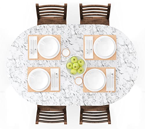 "UMINEUX Oval Fitted Vinyl Tablecloth with Elastic Edged & Flannel Backing, Waterproof Wipeable Oval Table Cover - Fits Tables up to 42""X68"" (WhiteMarble)"
