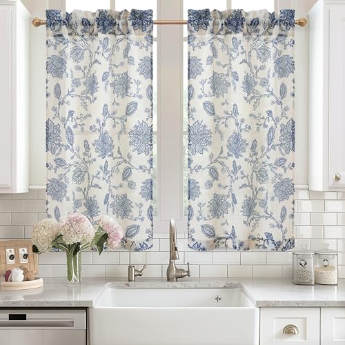 DriftAway Kitchen Curtain Floral Tier Linen Short Floral Paisley Patterned Cafe Curtains 45 Inch Length for Living Room Bathroom Freda Jacobean Farmhouse Country Drapes Rod Pocket 2 Panels Navy