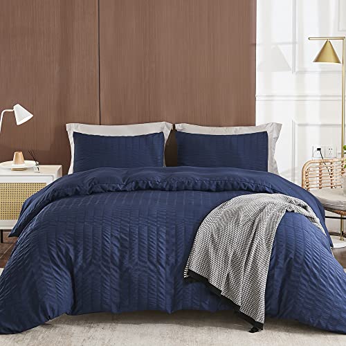 AveLom Seersucker Duvet Cover Set Queen Size (90 x 90 inches), 3 Pieces (1 Duvet Cover + 2 Pillow Cases), Navy Blue Ultra Soft Washed Microfiber, Textured Duvet Cover with Zipper Closure, Corner Ties