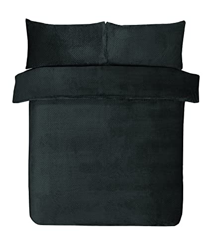 Sleepdown Waffle Fleece Thermal Warm Cosy Super Soft Duvet Cover Quilt Bedding Set with Pillow Cases - King (220cm x 230cm) - Black