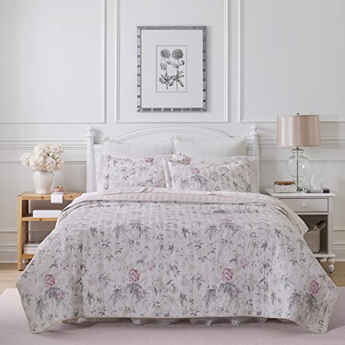 Laura Ashley Home - Breezy Floral Collection - 100% Cotton, Reversible, Lightweight & Breathable Bedding, Pre-Washed for Added Softness, Twin, Pink/Grey