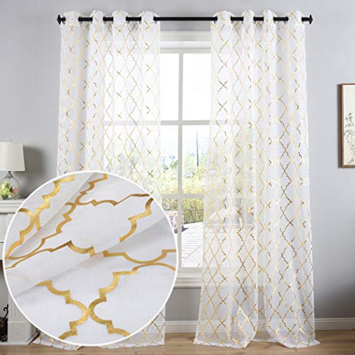 Kotile Moroccan Curtains with Eyelets, Voile, Sheer Foil Print, for Baby Room, 2 Panels, 52 x 63 inches, White Sheer - Gold Moroccan