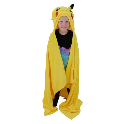 Character World Official Pokemon Hooded Fleece Throw Blanket - Super Soft Warm Throw, Smiles Design with Pikachu Head - Perfect For Home, Bedroom, Sleepovers & Camping - Size 100 x 120cm