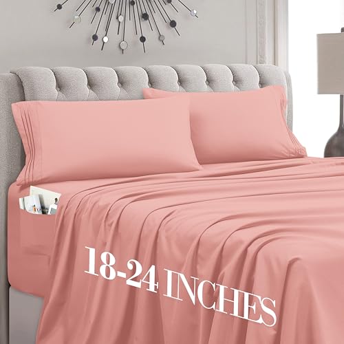 Mocassi Cal King Size 4-Piece Bed Sheet Set - 1800 Premium Hotel Quality Microfiber 18-24 Inches Extra Deep Pocket Fitted Sheet- Luxury Soft, Breathable, Wrinkle, and Fade Resistant, Dusty Rose