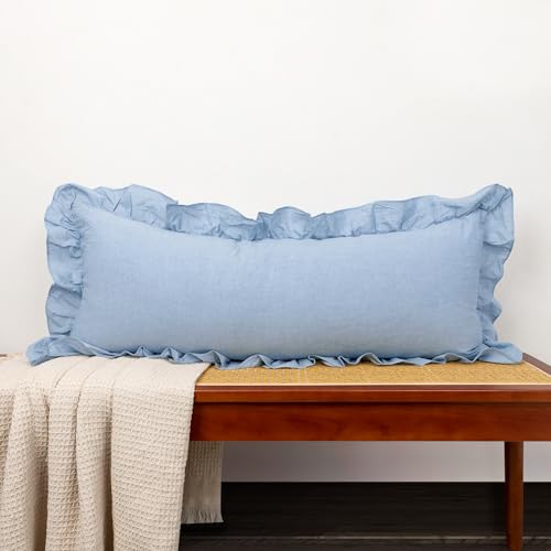 14x36 inch Scalloped Cotton Pillow Covers Light Blue, Farmhouse Ruffle Solid Pure Cotton Decor for Sofa Bed Couch, Set of 1, Covers ONLY