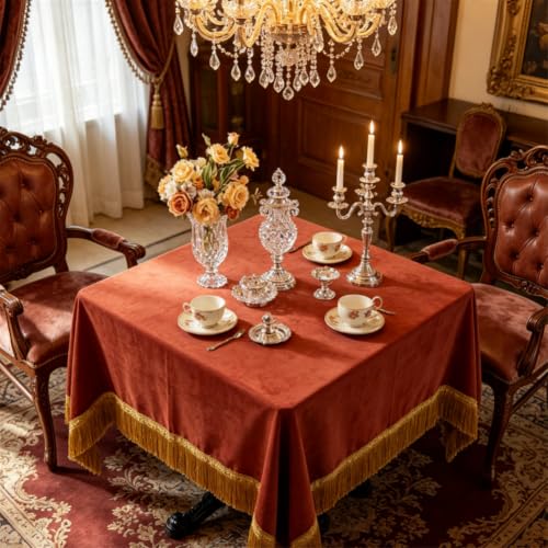 F-CHU Luxury Burnt Orange Tablecloth Thickset Velvet Tablecloth with Beautiful Gold Tassels Table Cloth for Home Decor Wedding, Party, Banquet and Events 60x60-Inch