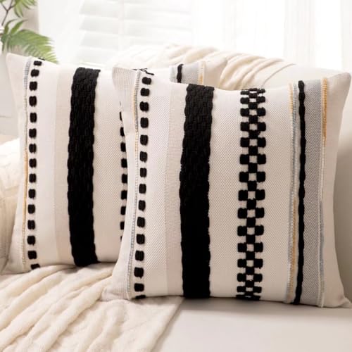 WANLIRD Boho Throw Pillow Covers Decorative Neutral Farmhouse Pillow case - 18x18 Set of 2 Cushion Case Striped Square Pillows Cover Couch Pillow Cases Accent Pillowcase for Sofa Bed,Black