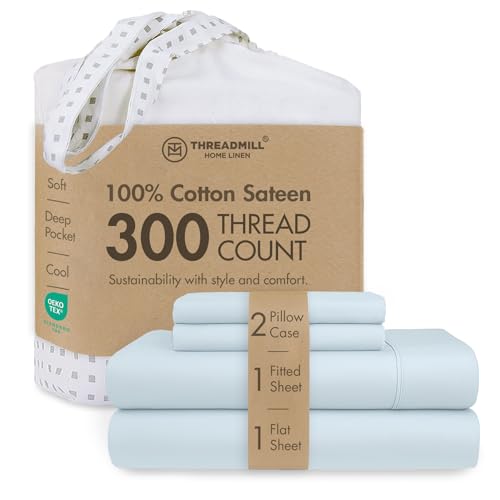 Threadmill Home Linen Queen Sheets - Pure Long Staple Cotton Sateen Weave, 4 Piece 300 Thread Count Bedding Set, Solid Blue Sheets with Elasticized Deep Pocket