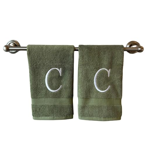 Sage with White Monogrammed Hand Towels for Bathroom - Set of 2 Letter C - Luxury Hotel Quality Initial Towels For Powder Room, Spa, GOTS Organic Certified