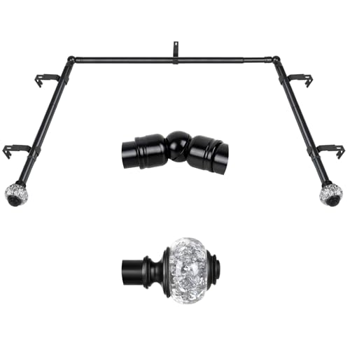 USFOOK Black Bay Curtain Rods 32-86 Inch (Center), 32-58 Inch (Side) - Decorative Drapery Rods With Bling Finials